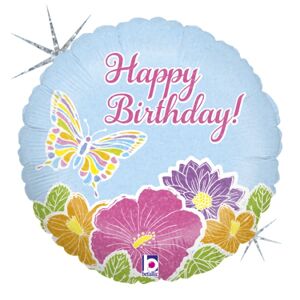 Balónik fóliový Happy Birthday s motýľom a kvetmi 46 cm