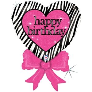 Balónik fóliový Srdce s mašľou Zebra Happy Birthday 76 cm