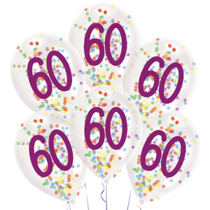 Balóniky latexové transparentné s konfetami "60" 27,5 cm 6 ks