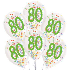 Balóniky latexové transparentné s konfetami "80" 27,5 cm 6 ks