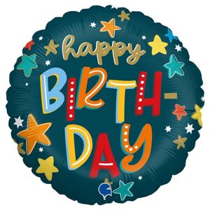 Balónik fóliový okrúhly Happy Birthday Stars modrý 46 cm