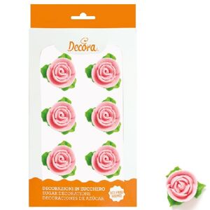 Cukrové dekorácie Ružičky s lístkami ružové 3 cm 6 ks