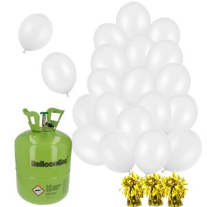 Hélium + 30 bielych balónikov 23 cm + 3 zlaté ťažidlá