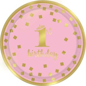 Taniere papierové 1. narodeniny ružové so zlatom 23 cm, 8 ks