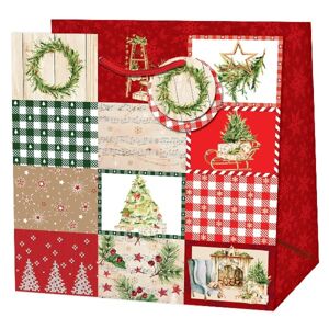 Taška darčeková štvorcová Vianočný patchwork červená/zelená 15x14,5x6 cm