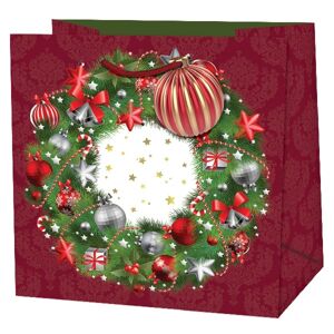 Taška darčeková štvorcová červená Vianočný veniec 15x14,5x 6 cm